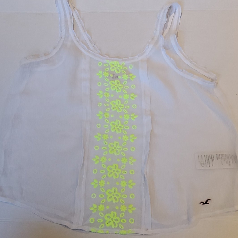 Hollister Sheer tank with Lime Green Flower detail